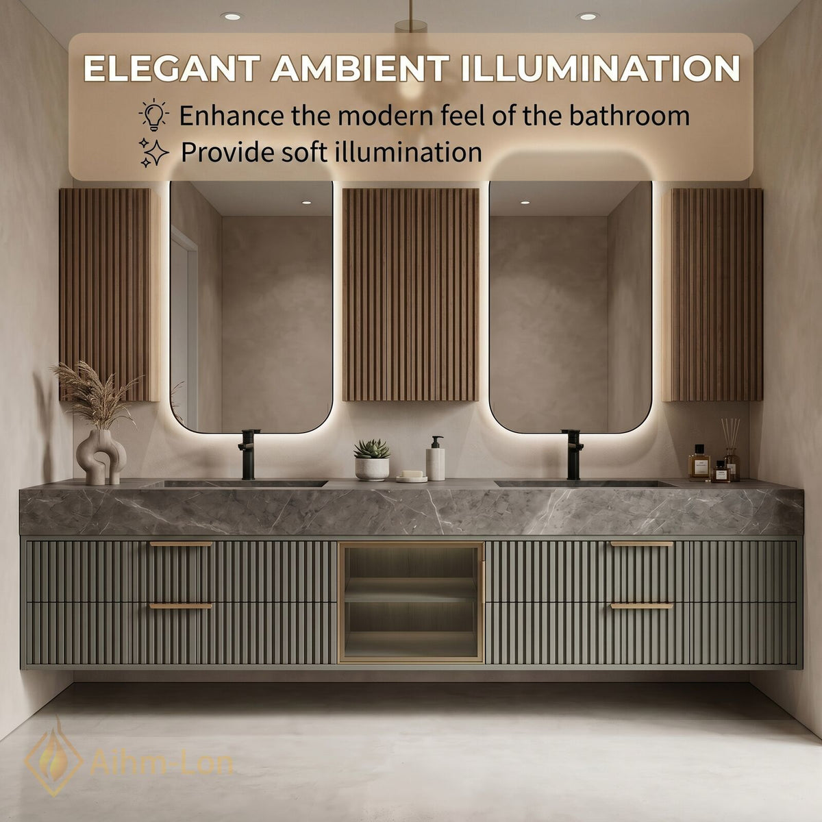60''-96'' Double Bathroom Vanity with Sink Grooved Panel Front Gray Stone Vein