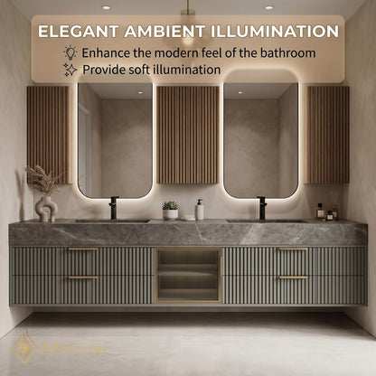 60''-96'' Double Bathroom Vanity with Sink Grooved Panel Front Gray Stone Vein
