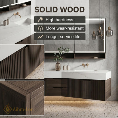 60''-96'' Bathroom Vanity with Sink Modern Floating Two Dark Walnut Finish Slatted