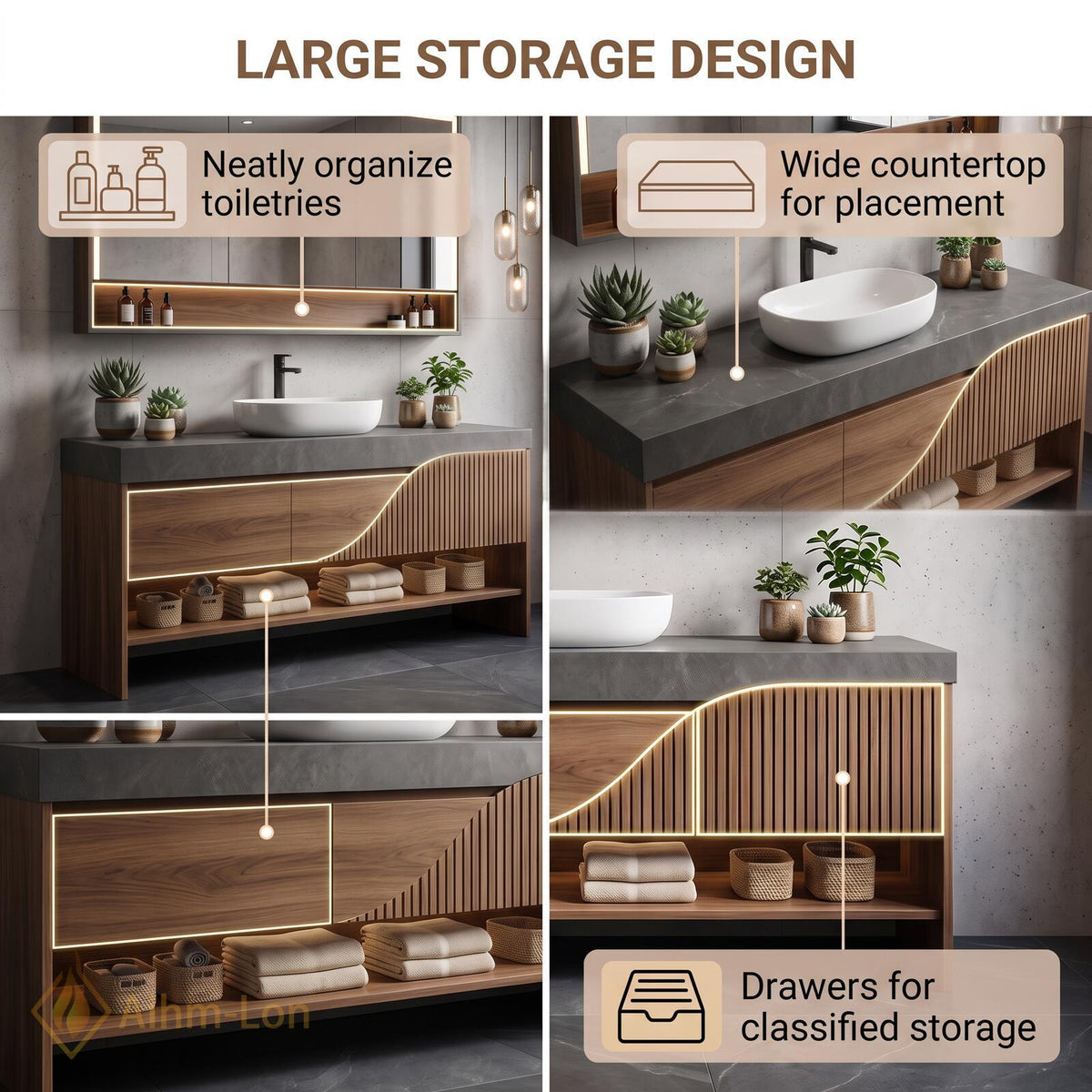 36''-110'' Floating Bathroom Vanity with Sink Wavy Wood Front Stone Top