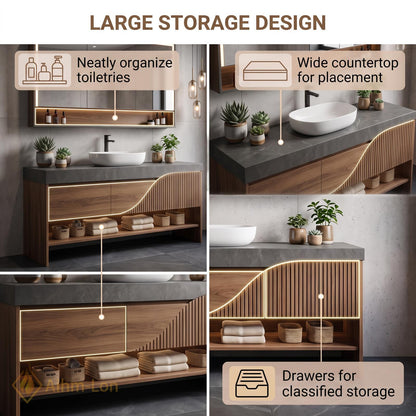 36''-110'' Floating Bathroom Vanity with Sink Wavy Wood Front Stone Top