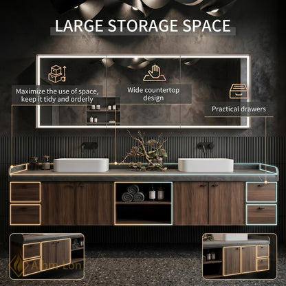 60''-96'' Double Bathroom Vanity with Sink Modern Floating Dark Wood Grain Open Shelving