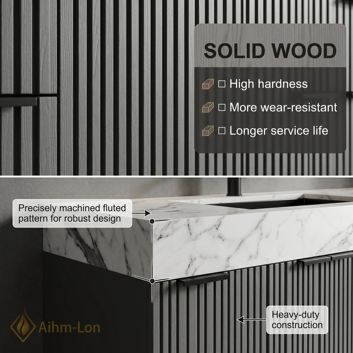 60''-96'' Bathroom Vanity with Sink Modern Floating 2 Slat Front Marble Look