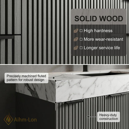60''-96'' Bathroom Vanity with Sink Modern Floating 2 Slat Front Marble Look
