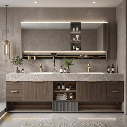 70''-96'' Double Bathroom Vanity with Sink Modern Marble Textured Top Slatted Panel