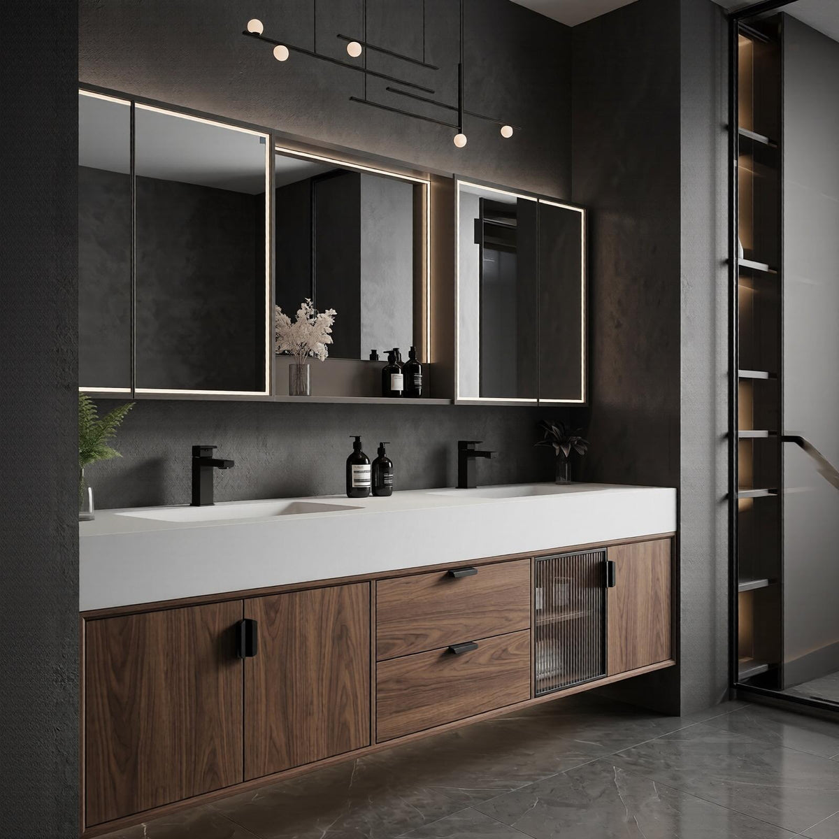 60''-96'' Double Bathroom Vanity with Sink Modern Floating Dark Walnut Glass Door Cabinet