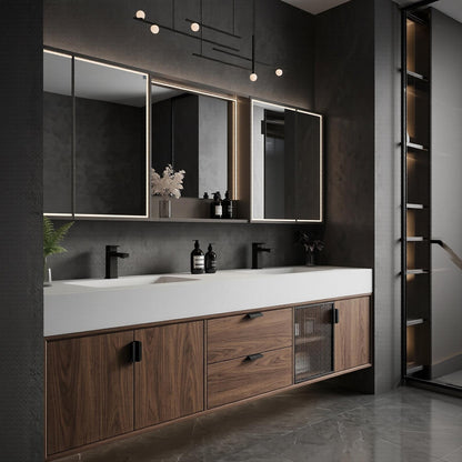 60''-96'' Double Bathroom Vanity with Sink Modern Floating Dark Walnut Glass Door Cabinet