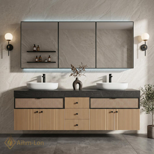 70''-96'' Double Bathroom Vanity with Sink Modern Floating Warm Oak Rattan Weave
