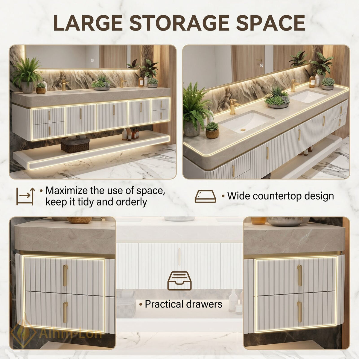 60''-96'' Bathroom Vanity with Sink Floating Storage Drawers Marble Top Double Smart