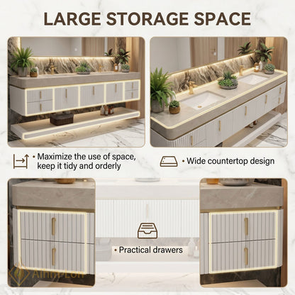 60''-96'' Bathroom Vanity with Sink Floating Storage Drawers Marble Top Double Smart