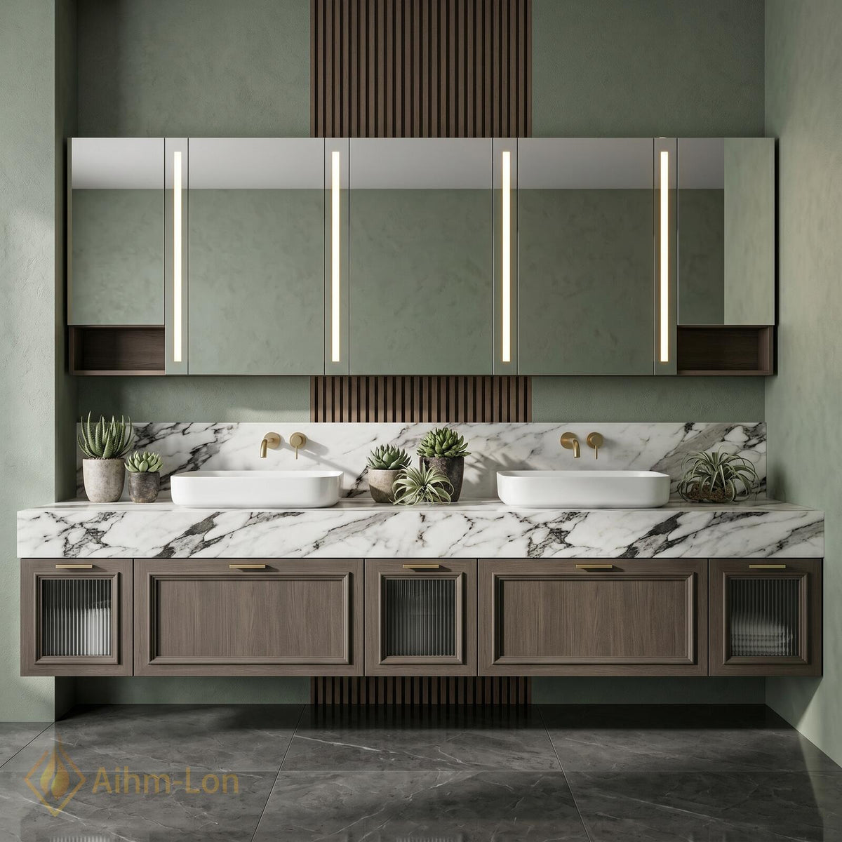 60''-96'' Double Bathroom Vanity with Sink Floating Charcoal Wood-Grain Finish Glass-Paneled Doors