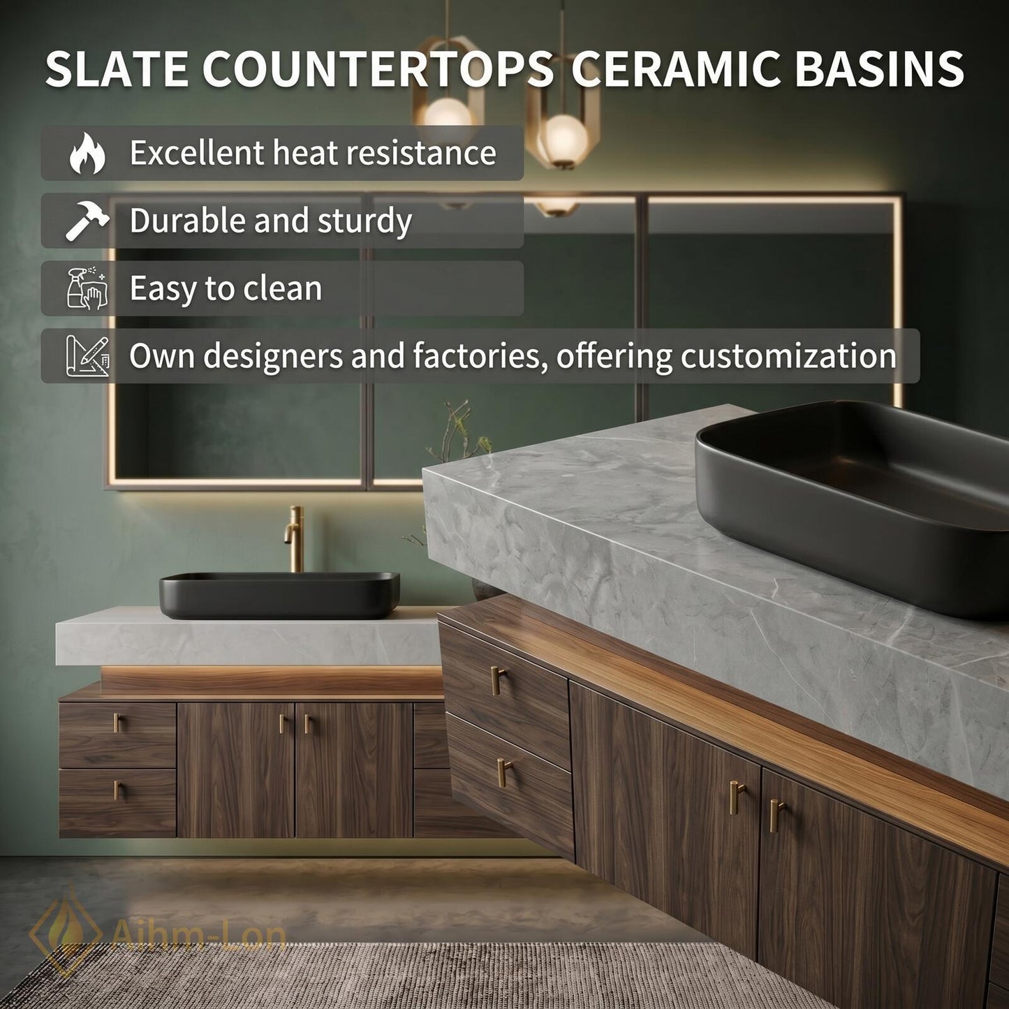 72''-96'' Double Bathroom Vanity with Sink Dark-Wood Floating Stone Countertop Elegant