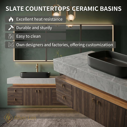 72''-96'' Double Bathroom Vanity with Sink Dark-Wood Floating Stone Countertop Elegant