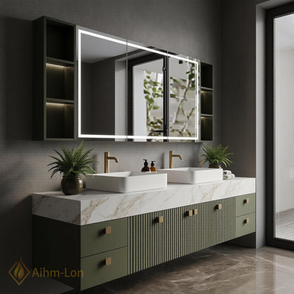 76''-96'' Bathroom Vanity with Sink Floating Double Slate Green Open Shelving Fluted