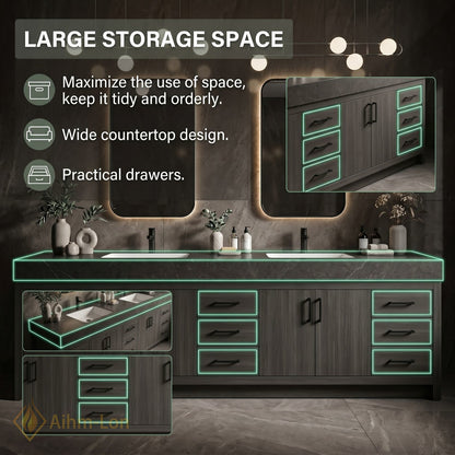 78''-96'' Double Bathroom Vanity with Sink Solid Wood Cabinet Dark Stone Countertop