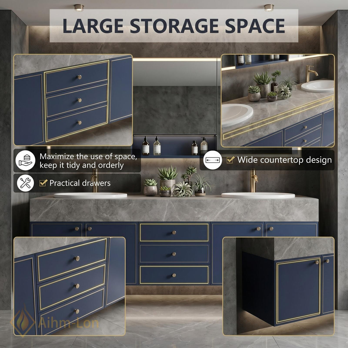 60''-96'' Double Bathroom Vanity with Sink Modern Floating Dark Blue Painted Finish