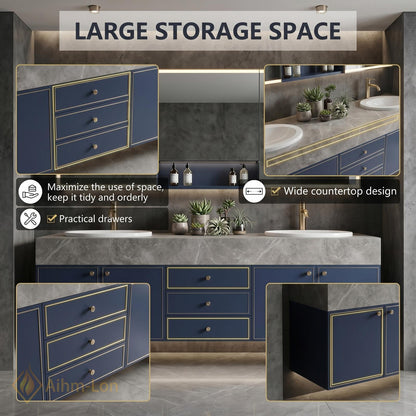 60''-96'' Double Bathroom Vanity with Sink Modern Floating Dark Blue Painted Finish
