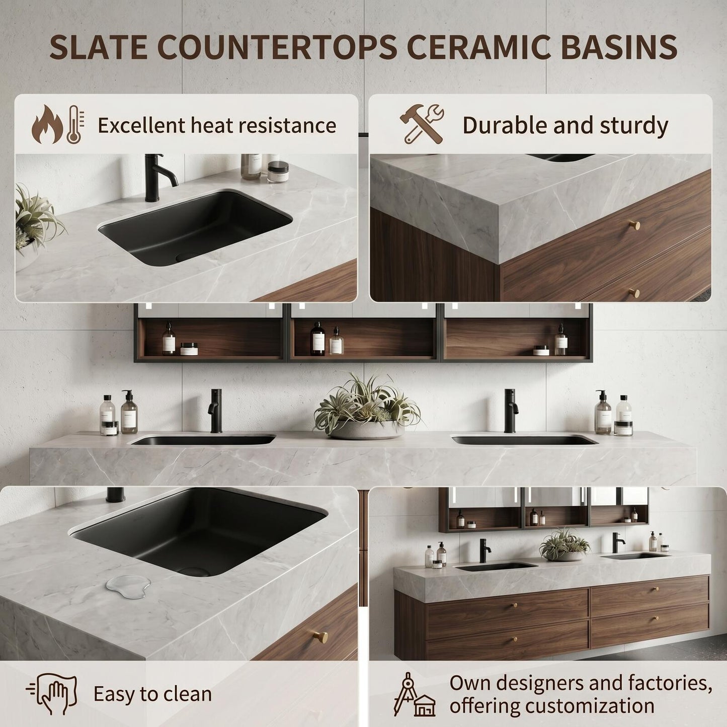 60''-96'' Modern Bathroom Vanity with Sink Dual Basins Wide Stone Dark Wood Drawers Cabinet