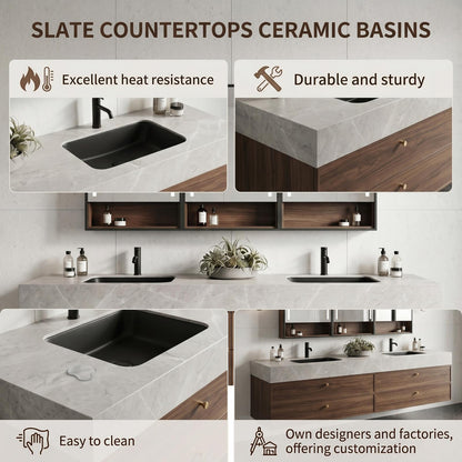 60''-96'' Modern Bathroom Vanity with Sink Dual Basins Wide Stone Dark Wood Drawers Cabinet