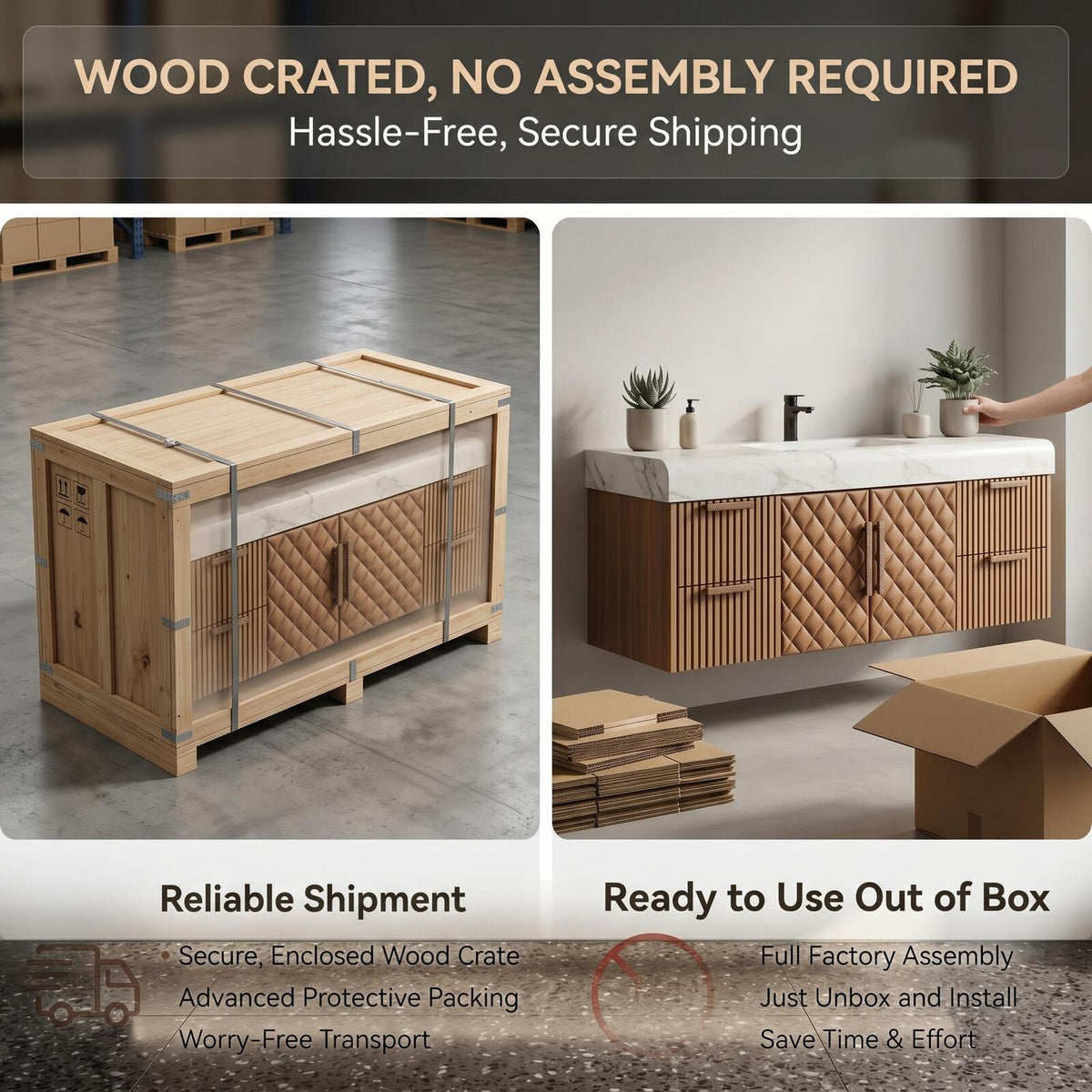 60''-96'' Double Bathroom Vanity with Sink Modern Floating Quilted Leather-Style Solid Wood
