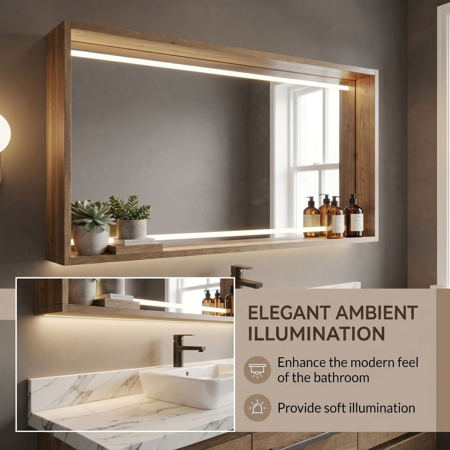 36''-64'' Floating Bathroom Vanity with Sink Wall-Mounted Wooden Marble Stone LED Mirror