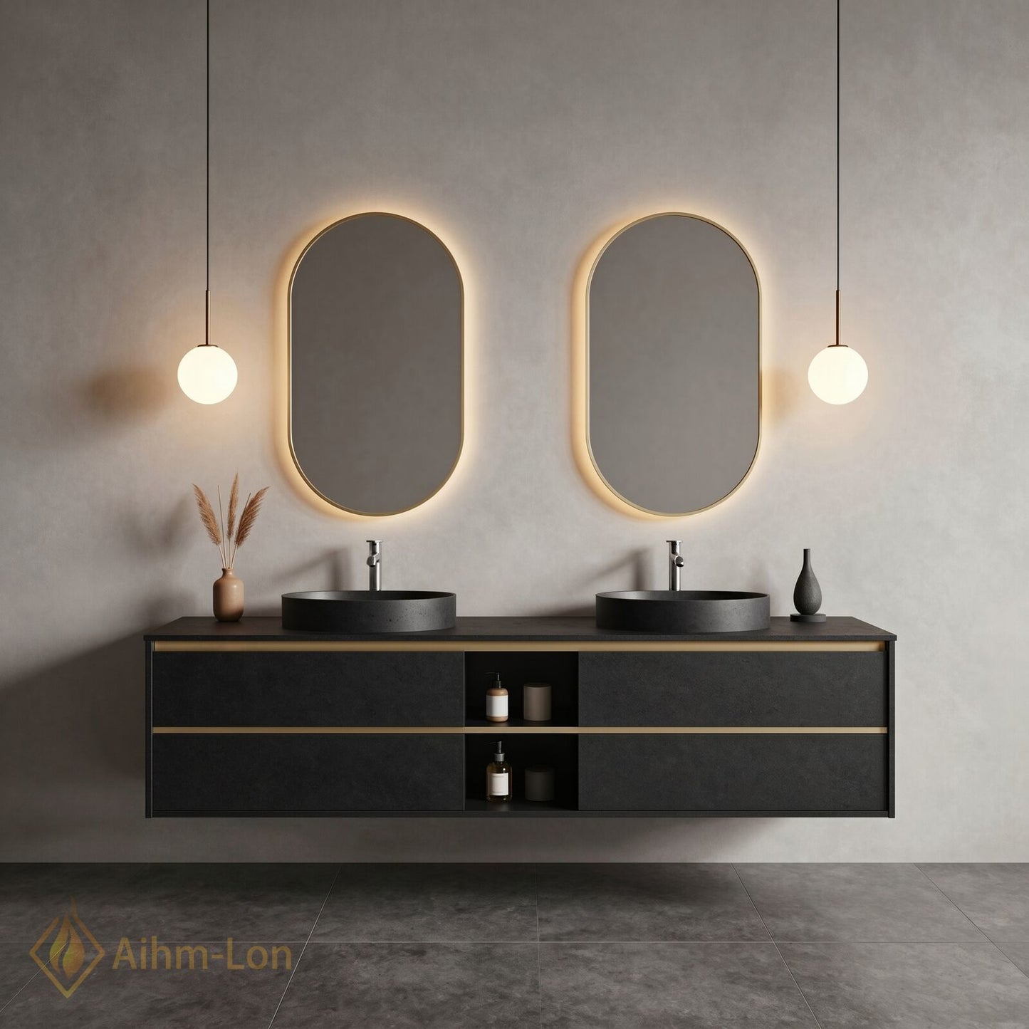 60''-96'' Floating Bathroom Vanity with Sink Wall Mounted Charcoal Finish Double Oval Mirrors Cabinet