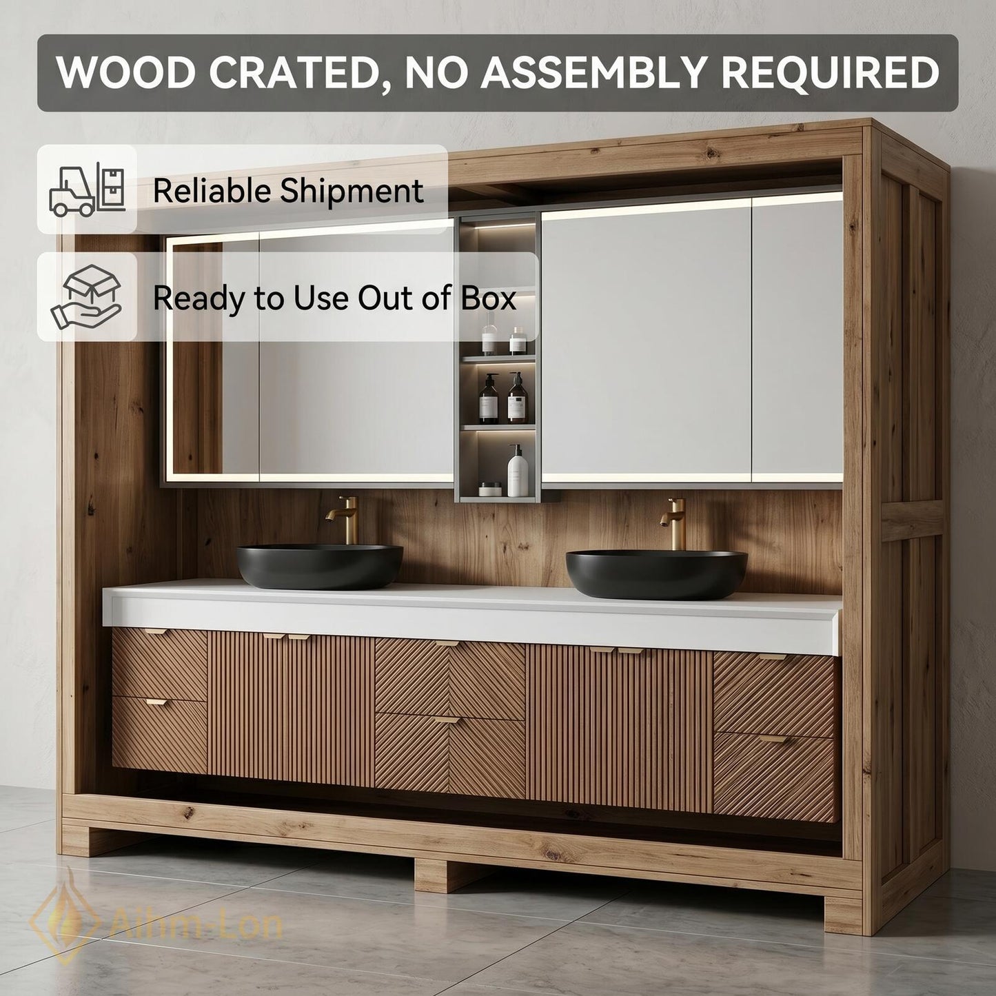 78''-96'' Modern Bathroom Vanity with Sink Floating Dark Wood Slatted Mirror Cabinet