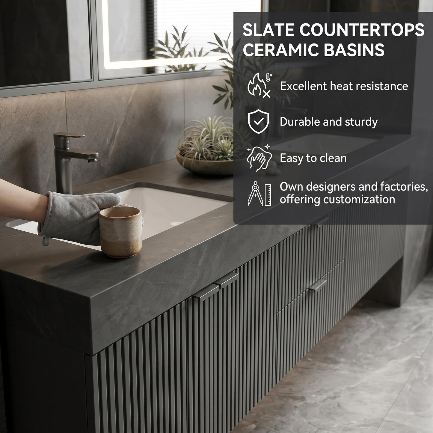 60''-96'' Double Bathroom Vanity with Sink Ribbed Front Doors Matte Dark Cabinet