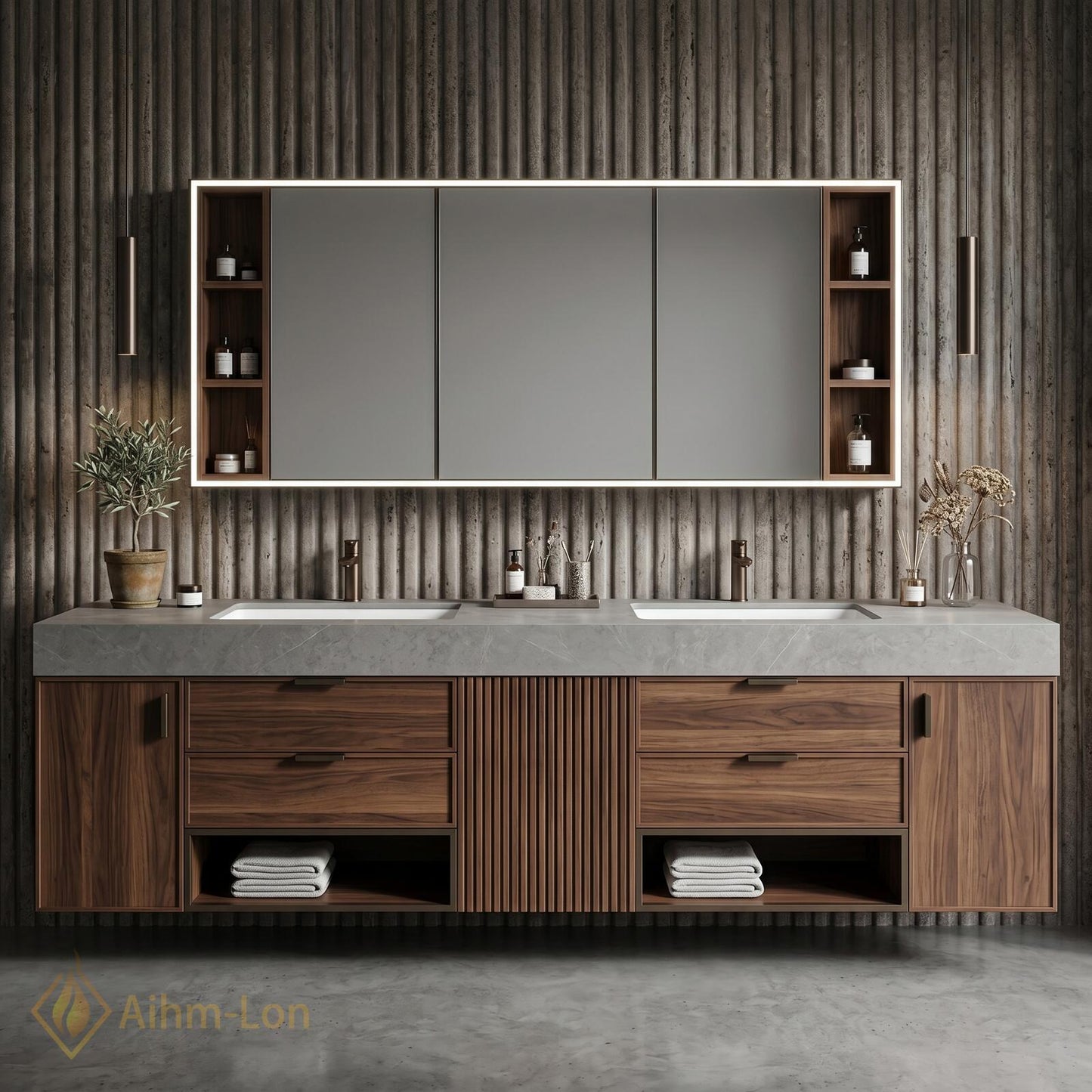 70''-96'' Bathroom Vanity with Sink Sleek Floating Slatted Center Rich Walnut Finish