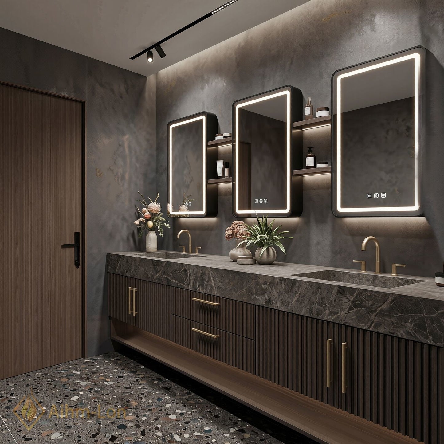 78''-96'' Double Bathroom Vanity with Sink Vertical Slat Wood Panels Dark Marble