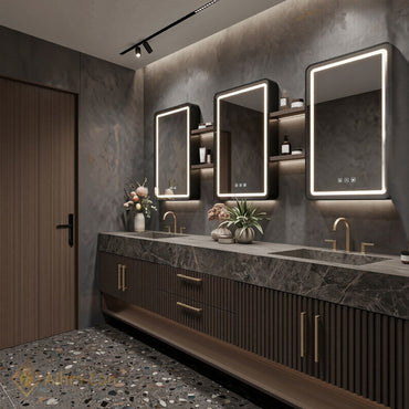78''-96'' Double Bathroom Vanity with Sink Vertical Slat Wood Panels Dark Marble