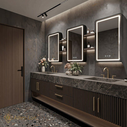 78''-96'' Double Bathroom Vanity with Sink Vertical Slat Wood Panels Dark Marble