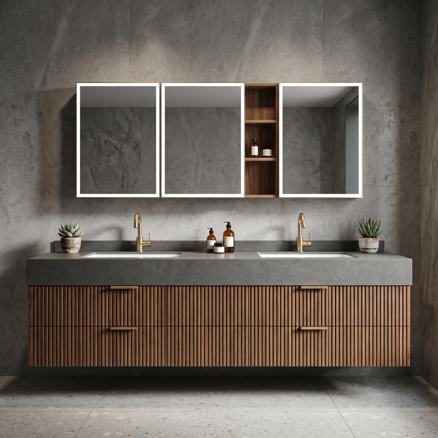 60''-96'' Floating Bathroom Vanity with Sink Double Sink Dark Grey Stone Vertical Slatted Wood