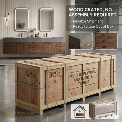 78''-96'' Double Bathroom Vanity with Sink Dark Walnut Slatted Center Drawer Storage