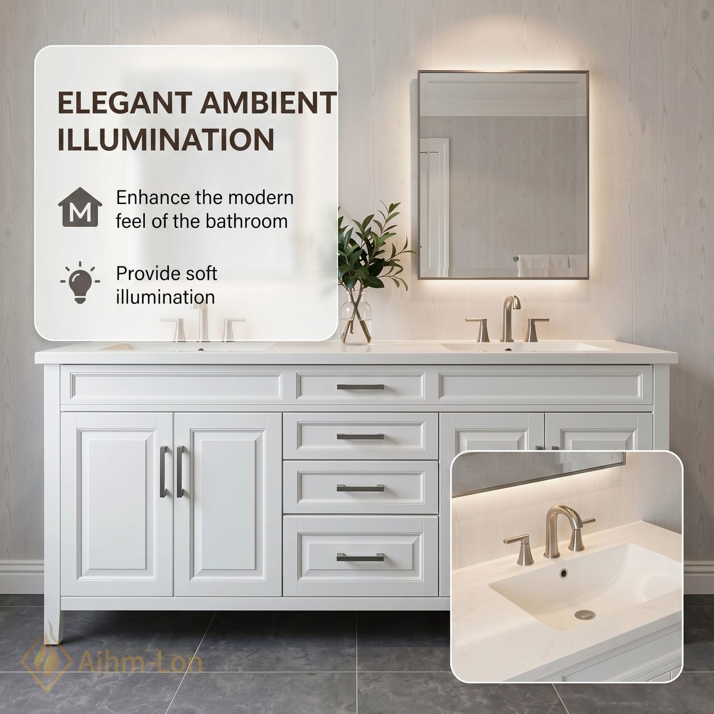 70''-96'' Refined Bathroom Vanity with Sink Crisp White Double Sink Raised Panel