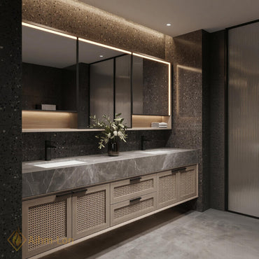 60''-96'' Double Bathroom Vanity with Sink Rattan Panel Doors Grey Marble Top