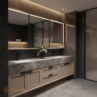 60''-96'' Double Bathroom Vanity with Sink Rattan Panel Doors Grey Marble Top
