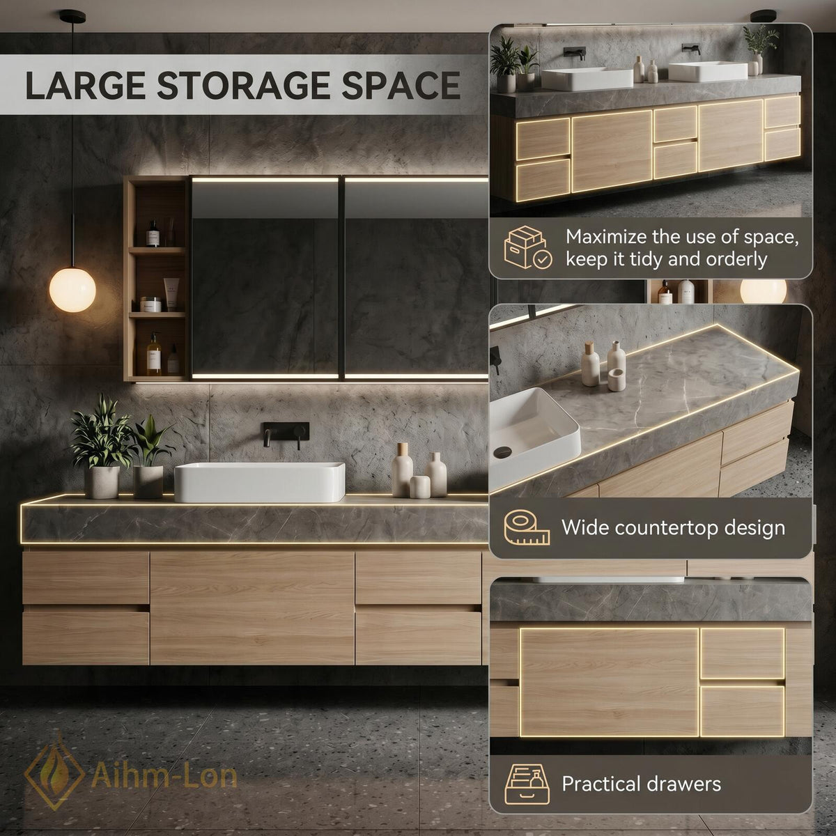 60''-96'' Double Bathroom Vanity with Sink Floating Grey Stone Top Wood Grain