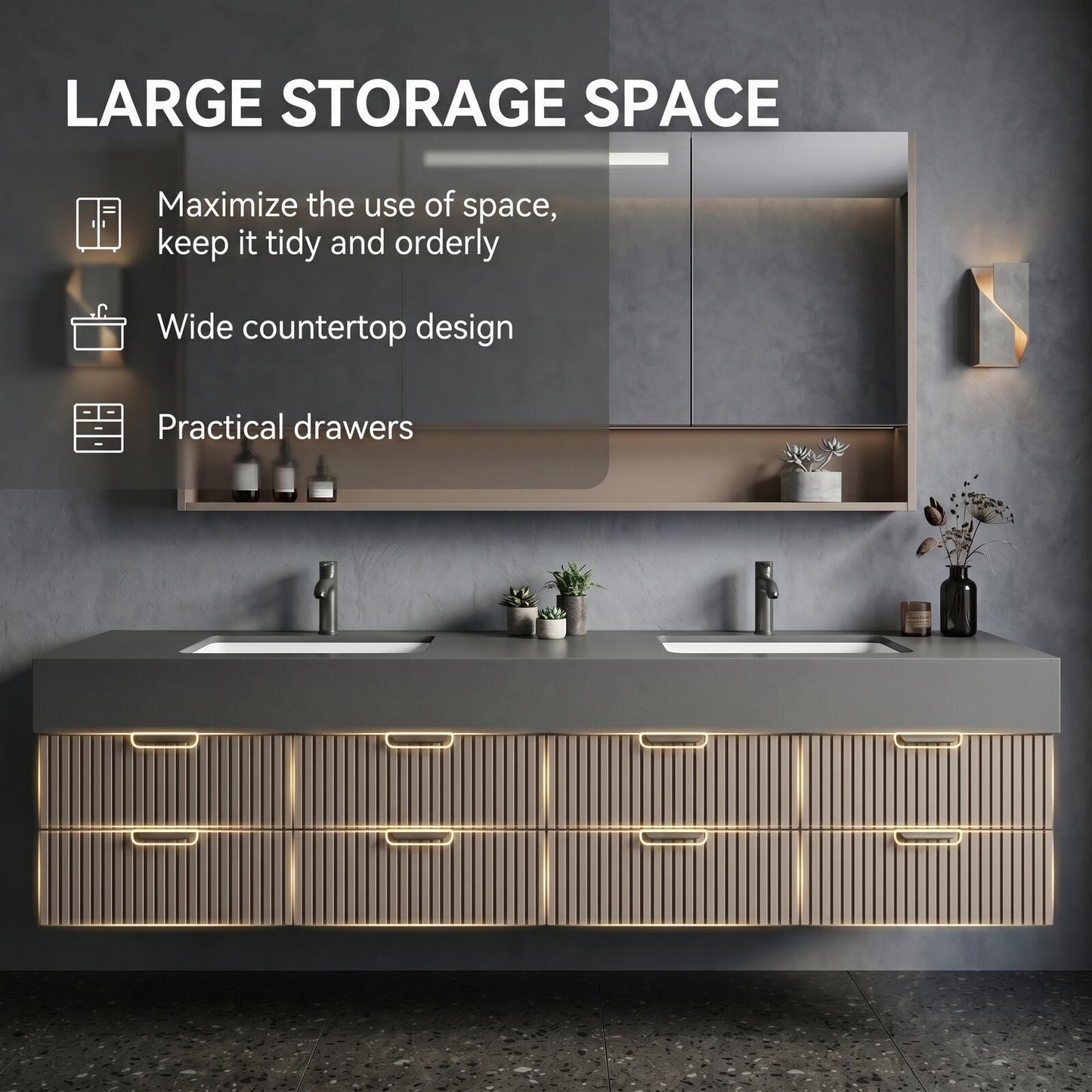 70''-96'' Modern Bathroom Vanity with Sink Floating Vertical Slatted Panels Open Shelf Cabinet