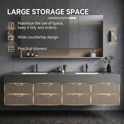 70''-96'' Modern Bathroom Vanity with Sink Floating Vertical Slatted Panels Open Shelf Cabinet