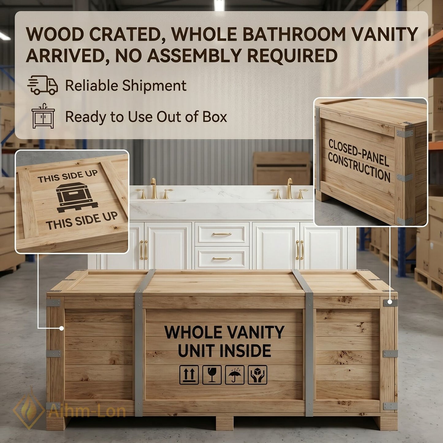 72''-96'' Double Bathroom Vanity with Sink White Shaker Panel Doors Marble Textured