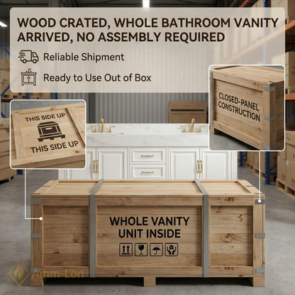 72''-96'' Double Bathroom Vanity with Sink White Shaker Panel Doors Marble Textured