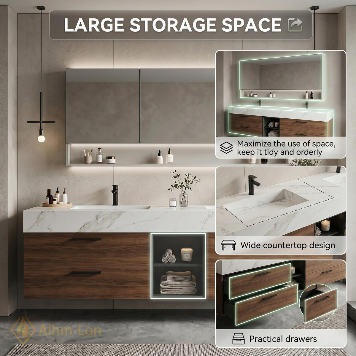 60''-96'' Double Bathroom Vanity with Sink Floating Wood-Grain Finish Open Slatted Shelf