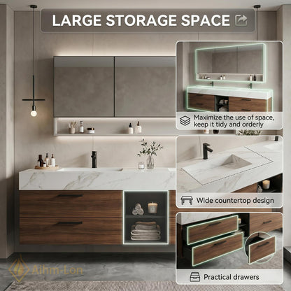 60''-96'' Double Bathroom Vanity with Sink Floating Wood-Grain Finish Open Slatted Shelf