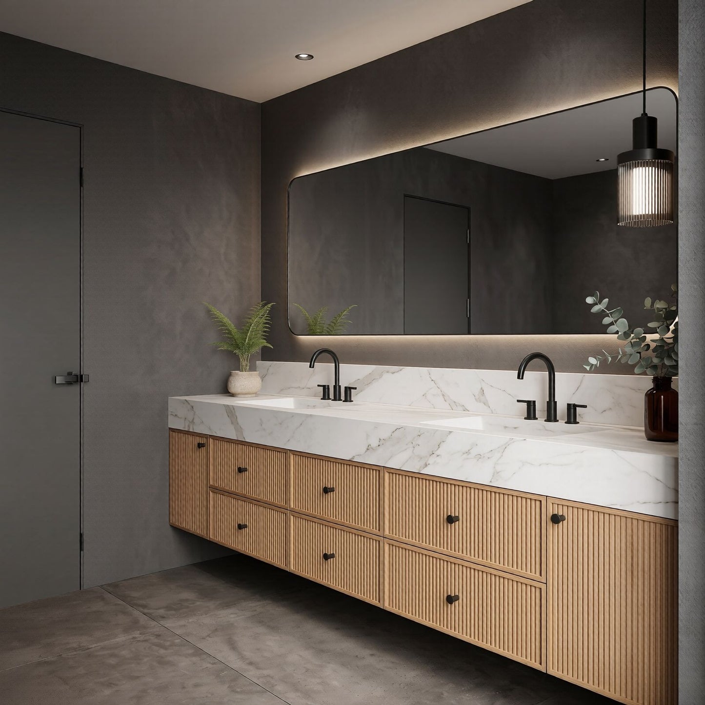 70''-96'' Modern Bathroom Vanity with Sink Double Sink Vertical Slat White Marble Pattern Cabinet