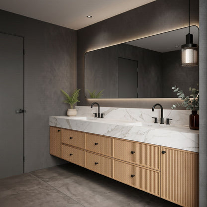70''-96'' Modern Bathroom Vanity with Sink Double Sink Vertical Slat White Marble Pattern Cabinet