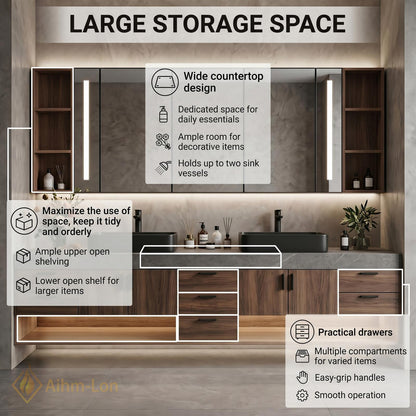 60''-96'' Double Bathroom Vanity with Sink Modern Floating Dark Wood Open Shelving