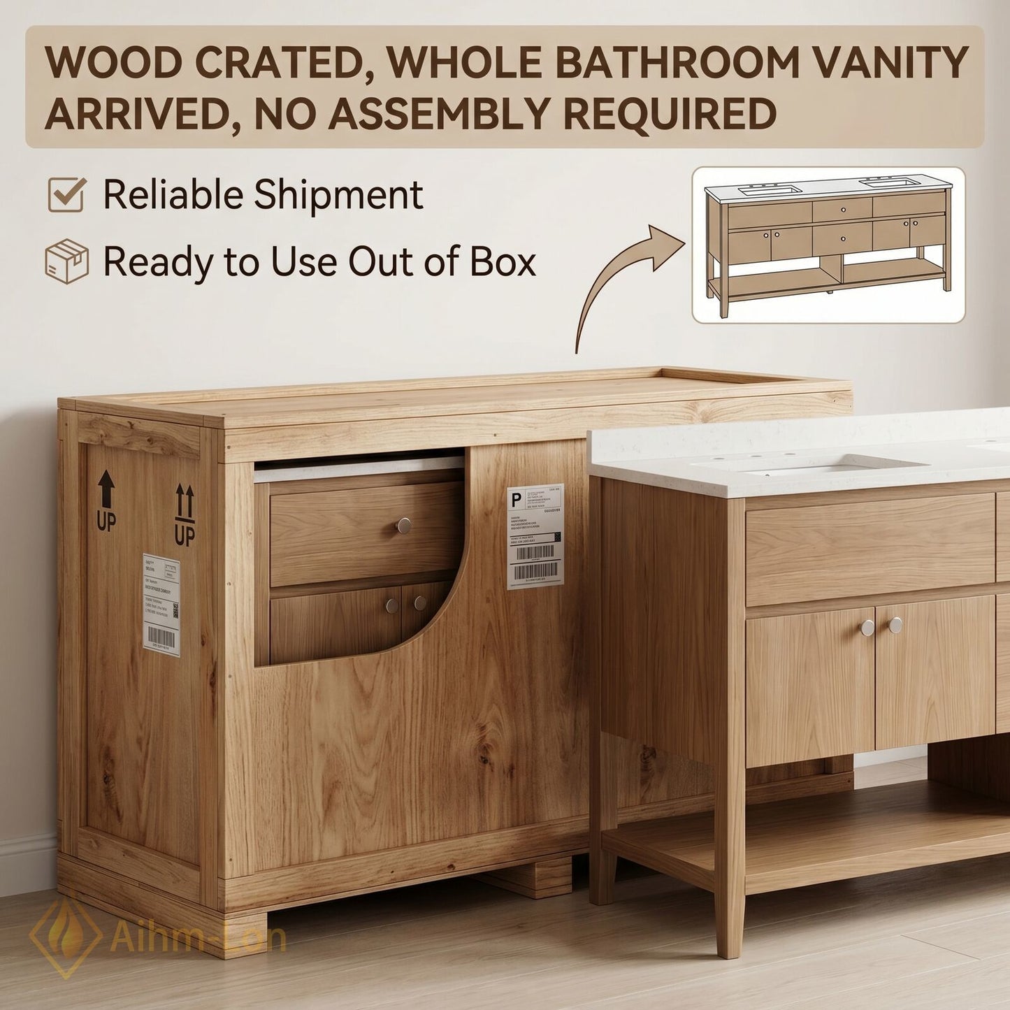 60''-96'' Modern Bathroom Vanity with Sink Woodgrain Open Shelf Base Smart Mirror