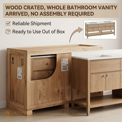 60''-96'' Modern Bathroom Vanity with Sink Woodgrain Open Shelf Base Smart Mirror