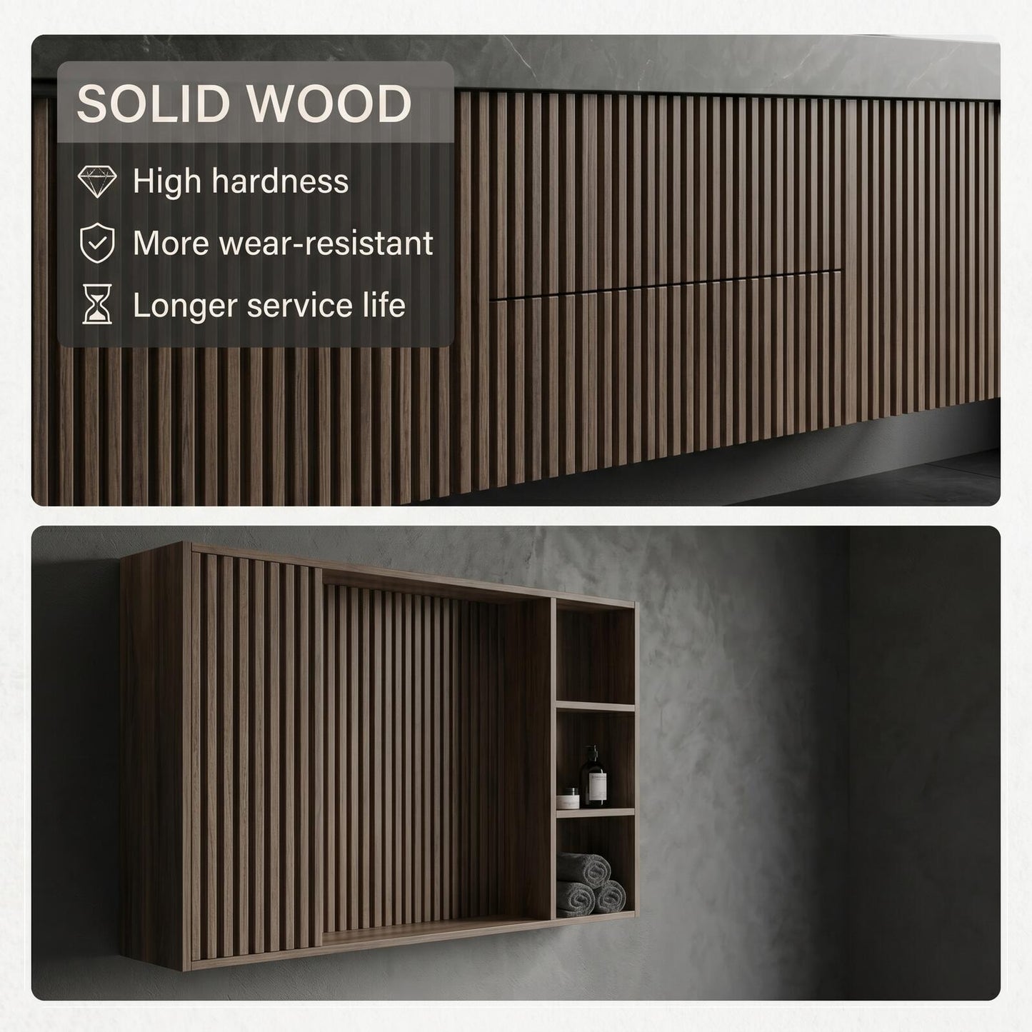 70''-96'' Modern Bathroom Vanity with Sink Dual Sinks Slatted Wood Dark Finish Mirror Cabinet